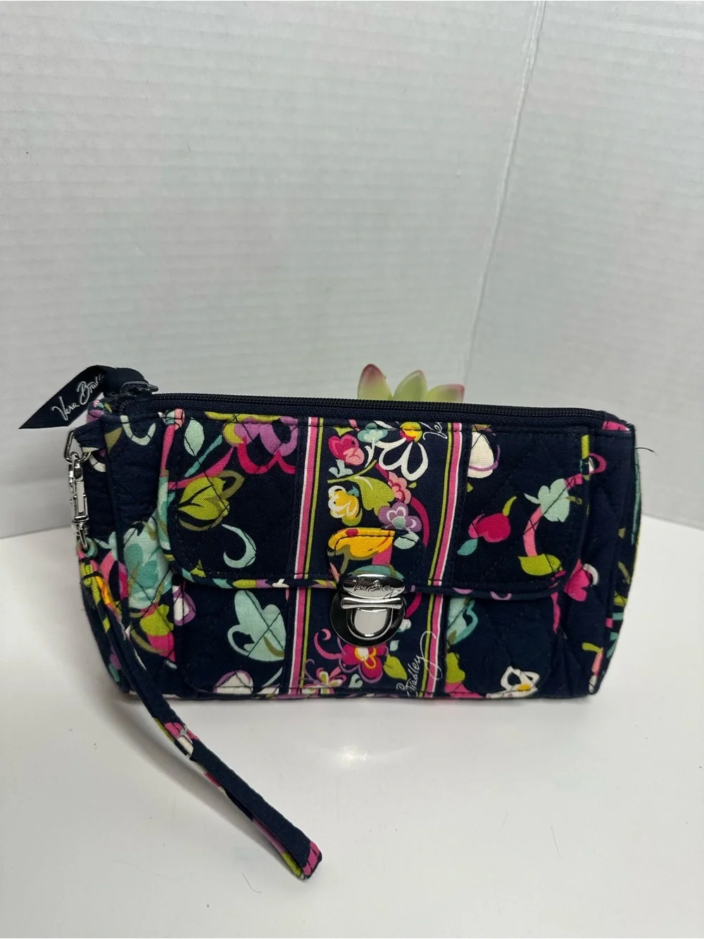 Vera Bradley Navy Quilted Floral Wristlet with Pink & Yellow Accents